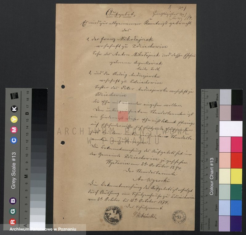image.from.unit.number "Acta betreffend die Sammel Akten für die von den verlobten beizubringenden Urkunden und Konsenserklärungen, für die Aufgebotscheinigungen und Dispensation [...] von 1874 bis 1876"
