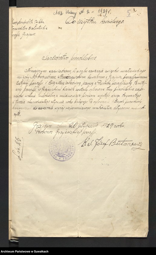 image.from.unit.number "Aneksy dp aktów zaślubionych rz.kat. parafji Puńsk (pow. Suwalskiego) za rok 1929"