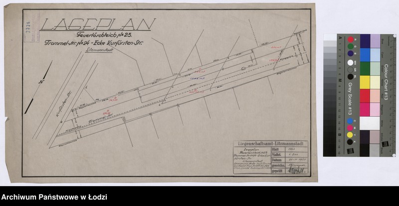 Obraz 1 z jednostki "Lageplan Feuerlöschteich Nr 23 Trommel - Strasse Nr 24 - Ecke Kurfürsten - Strasse Litzmannstadt"