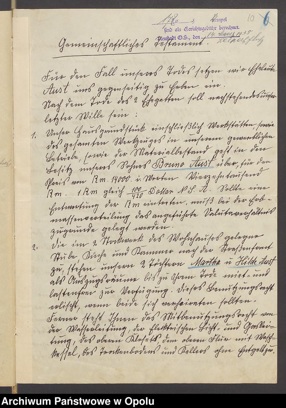 image.from.unit.number "Verfügung von Todes wegen des Maschinenbauers Emil Aust und seiner Ehefrau Marta geb[orene] Steiner in Neustadt"