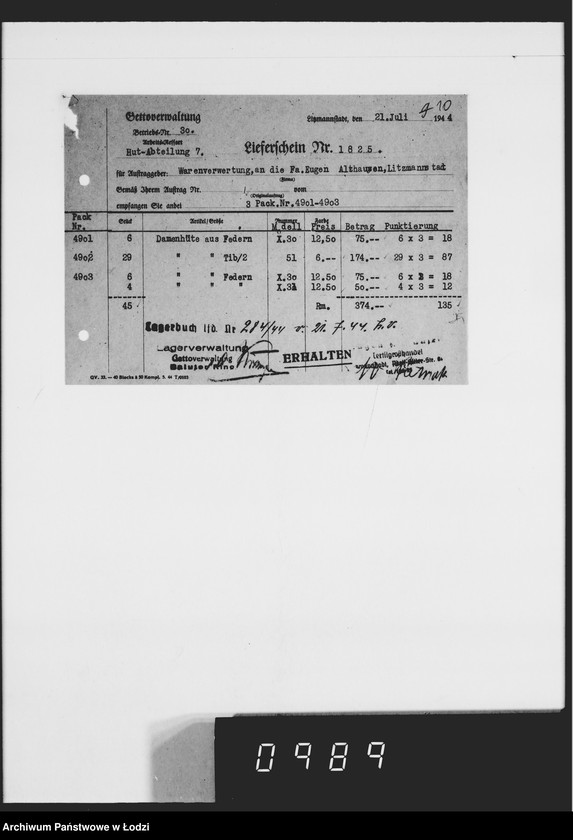 Obraz 14 z jednostki "Auftrag 5919. Damen-Hüte für F-ma Eugen Althausen Litzmannstadt"