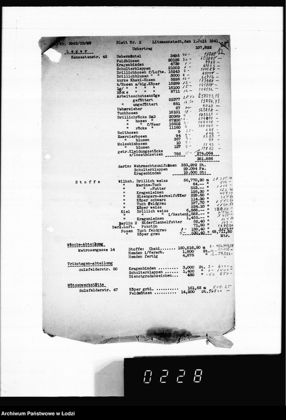 Obraz 16 z jednostki "Korrespondenz betr.Versicherung der im Getto zur Konfektionierung umlaufenden Wehrmachtsuniformen und Aufstellung über ausgeführte Transporte."