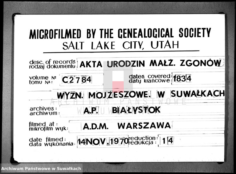 image.from.unit.number "Duplikat Akt Urzędnika Stanu Cwilnego Wyznania Moyżeszowego Okręgu Suwalskiego i Jeleniewskiego Urodzonych, Zaślubionych i Zmarłych z roku 1834"