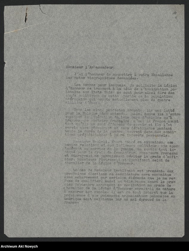 Obraz 11 z jednostki "Jusserand Jean Jules (historyk, dyplomata); Załączniki: charakterystyki i życiorysy F. E. Fronczaka, T. A. Starzyńskiego, J. F. Smulskiego, K. Żychlińskiego, N. L. Piotrowskiego; L.6 (odpowiedzi - maszynopisy)"