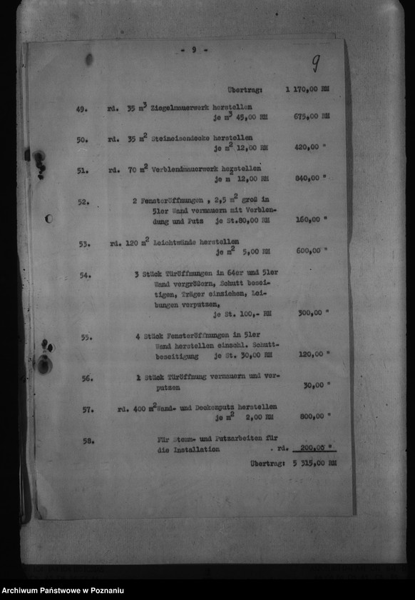 Obraz 13 z jednostki "Kostenüberschlag für Instandsetzungsarbeiten im Gebäude der Staatlichen Ingenieurschule, Posen, Bergerstr. 5."