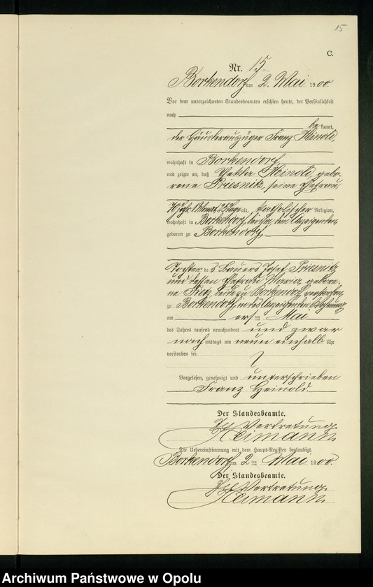 Obraz 19 z jednostki "Sterbe-Neben-Register des Standesamts Borkendorf pro 1900"