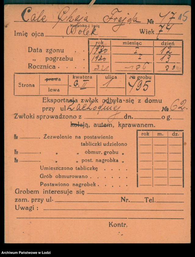 Obraz 16 z jednostki "Kartoteka osób pochowanych na cmentarzu żydowskim przy ulicy Brackiej w latach 1892-1954. Nazwiska na litery: Ca-Choros"