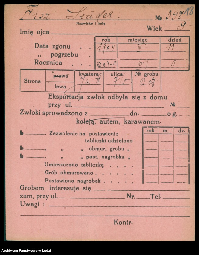 Obraz 19 z jednostki "Kartoteka osób pochowanych na cmentarzu żydowskim przy ulicy Brackiej w latach 1892-1957. Nazwiska na litery: Fisz-For"