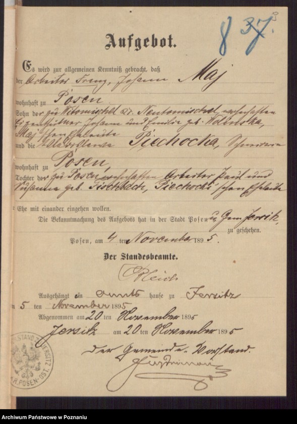 Obraz 11 z jednostki "Die von den Verlobten beigebrachten Urkunden zur Eheschliessung pro 1895"