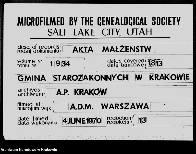 image.from.unit.number "FREDERYK AUGUST z Bozey Łaski Król Saski Xiąże Warszawski. Księga I Akt Stanu Cywilnego Gminy Osób Wyznania Moyzesowego w Kazmierzu przy Krakowie zamieszkałych Obeymująca Akta Małżenstw z Roku 1813"