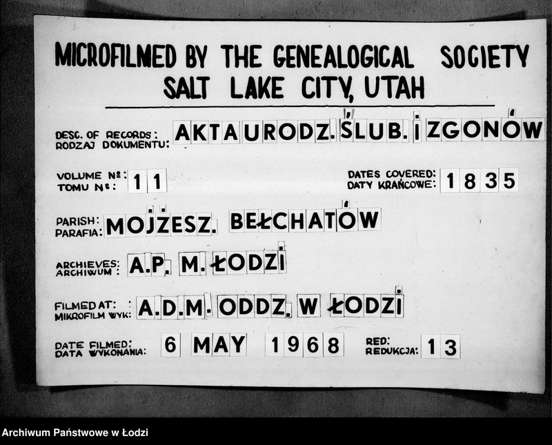 image.from.unit.number "Księga Akt Stanu Cywilnego wyznania mojżeszowego Urodzenia, Małzeństwa, Smierci w Parafii Bełchatow. Obwodzie Piotrkowskim Wojewodztwie Kaliskim na Rok 1835"