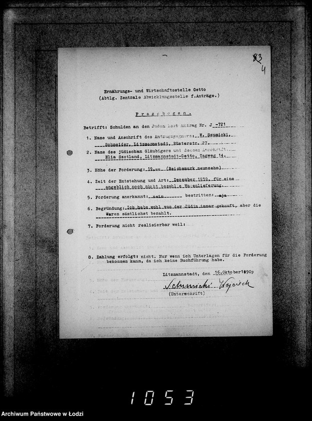 Obraz 8 z jednostki "J.721-740 [Wnioski Żydów z Getta o zwrot należności za dostarczony towar]"