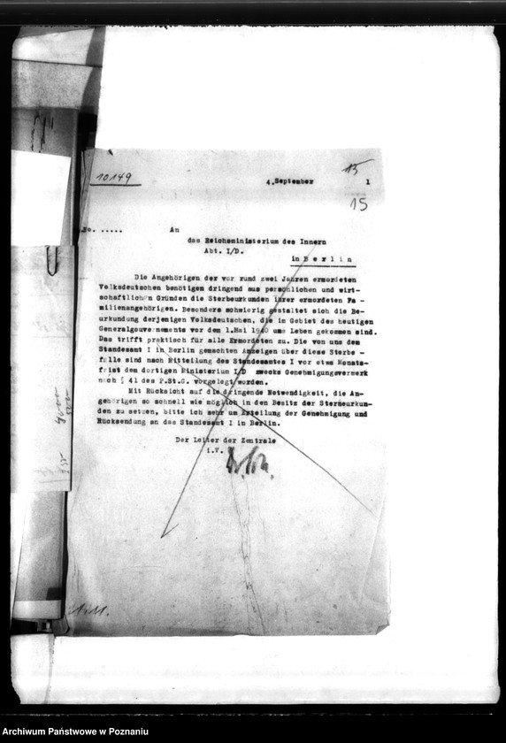 Obraz 19 z jednostki "Schriftwechsel mit Berlin- z Urzędu Stanu Cywilnego i Min. Spraw Wewnętrznych - w sprawie wystawienia świadectw zgonu"