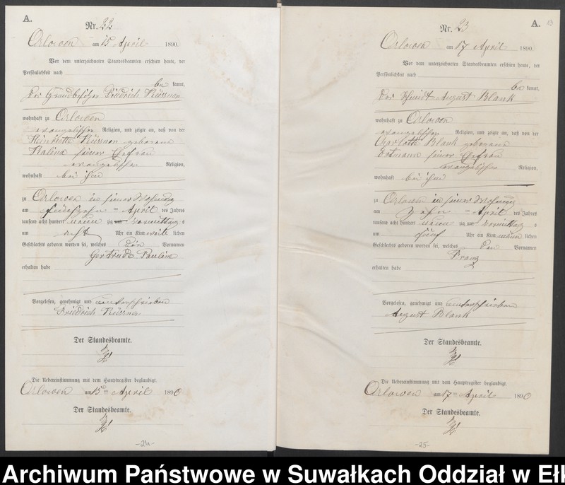 image.from.unit.number "Geburts-Neben-Register des Preussischen Standes-Amtes Orlowen Kreis Loetzen für das Jahr 1890"