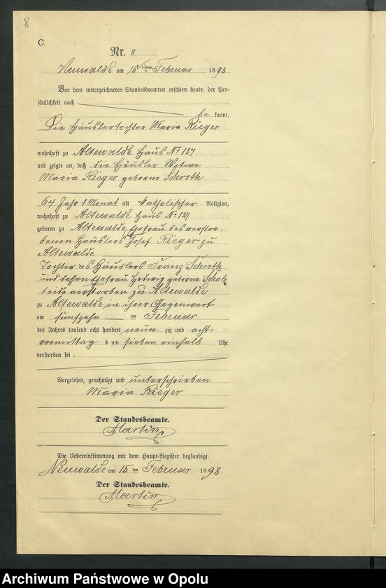 Obraz 12 z jednostki "Sterbe-Neben-Register des Standesamts Altewalde pro 1898"