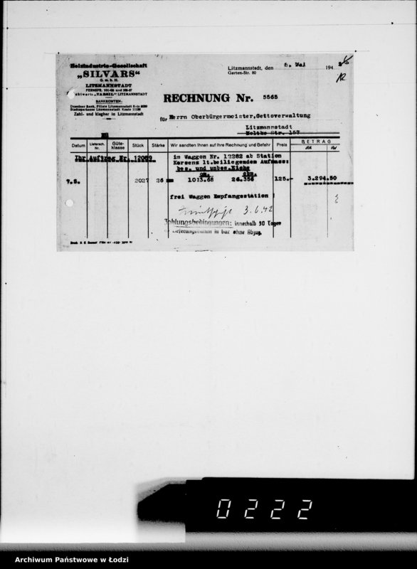Obraz 15 z jednostki "Aufträge 7611-12089 und Rechnungen Firma Silvars G.m.b.H.Litzmannstadt auf Holzmaterial"