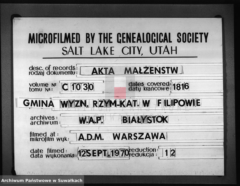 Obraz 1 z jednostki "Akta Zaślubionych Gminy Filipowskiey od 1-go Stycznia 1816 Roku"