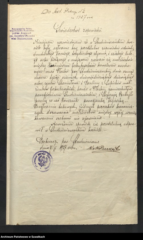 Obraz 4 z jednostki "Aneksa Aktów Ślubnych Rz-Katolickiej par. Wigierskiej za 1927 rok"