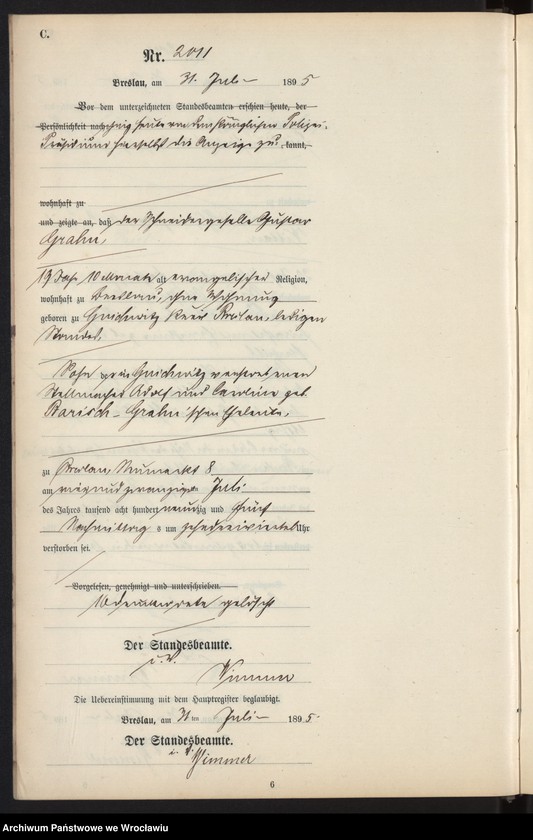 image.from.unit.number "Sterbe-Neben-Register Breslau I 1895 Band 6"