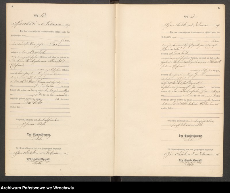 Obraz 9 z jednostki "księga urodzeń Urzędu Stanu Cywilnego w Goszczu (Goschütz) 1897"