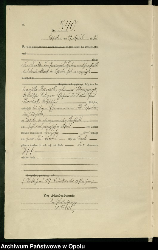 Obraz 6 z jednostki "Urząd Stanu Cywilnego Opole Księga Urodzeń Rok 1913 540-1057"