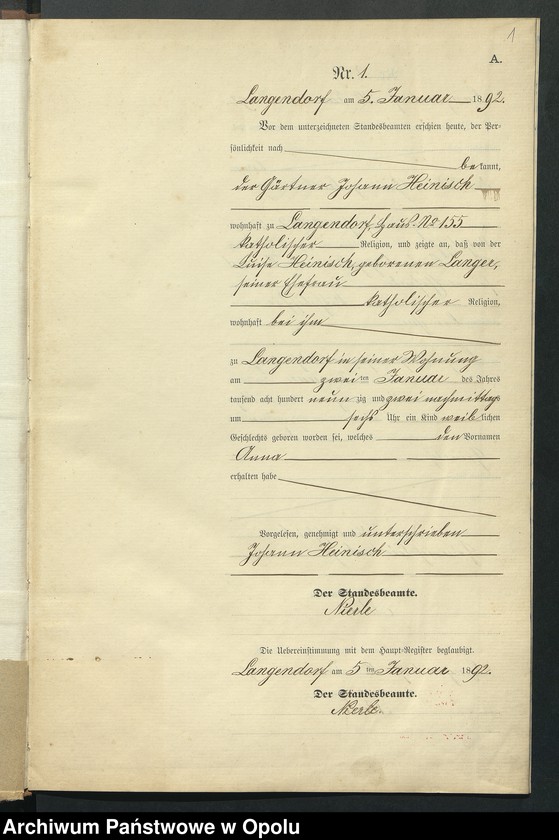 Obraz 5 z jednostki "Geburts-Neben-Register des Standesamts Langendorf pro 1892"