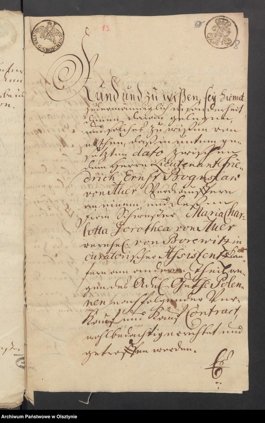 image.from.unit.number "In S. [Sachen] des Friedrichs Ernst Boguslav von Auer den Verkauff seines Guths Pollennen an seine Schwester Maria Charlotta Dorothea von Auer verehelichte von Borewitz"