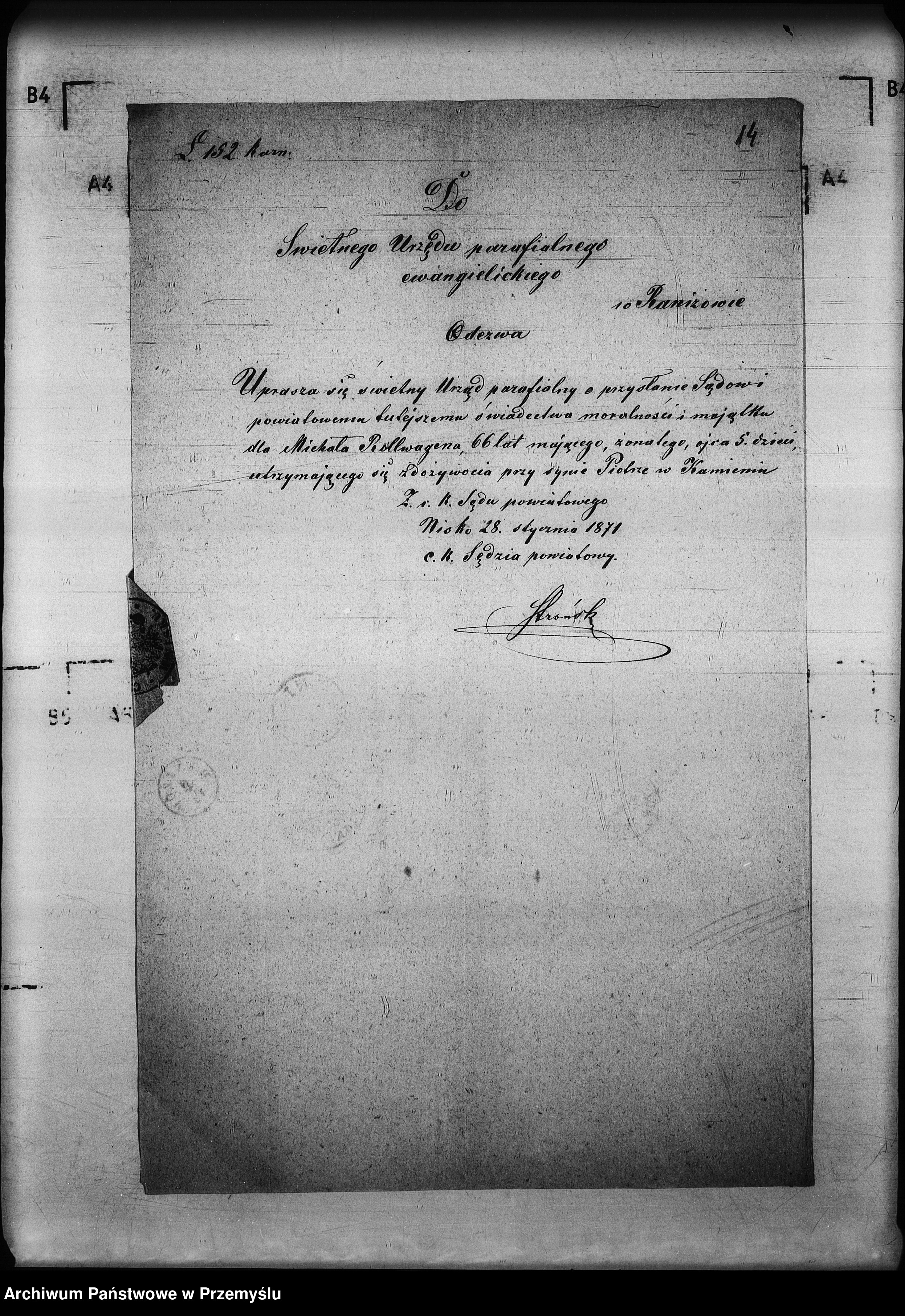 Skan z jednostki: Świadectwa obyczajności, niezamożności i inne, wydawane przez urząd parafialny