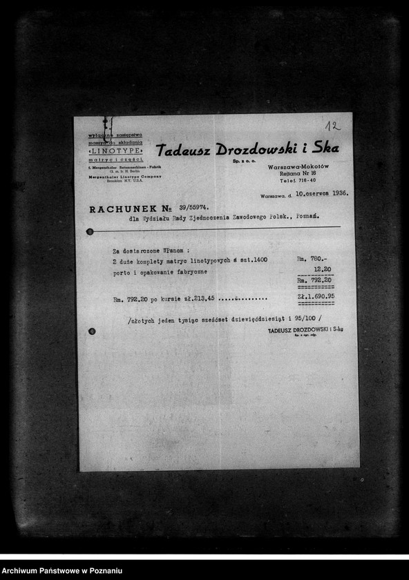 Obraz 16 z jednostki "Korespondencja z firmami: Tadeusz Drozdowski i Spółka z ograniczoną odpowiedzialnością oraz Dom Agentowo-Komisowy Adolf Neuding w sprawi maszyn i części linotypowych"