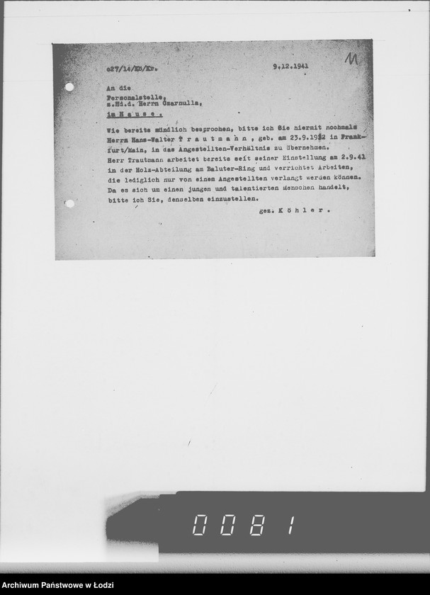 Obraz 15 z jednostki "[Zaświadczenia o zatrudnieniu i wykazy wydanych mebli biurowych dla oddziału osobowego]"