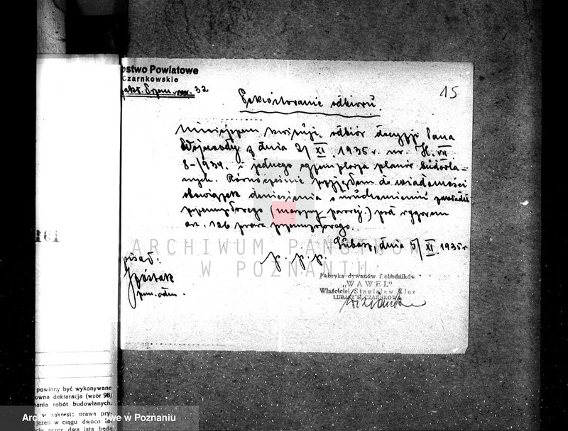 Obraz 19 z jednostki "Zatwierdzenie zakładu przemysłowego /kotłowni przy fabryce dywanów i chodników Firmy Wawel/ St. Kluze w Lubaszu"