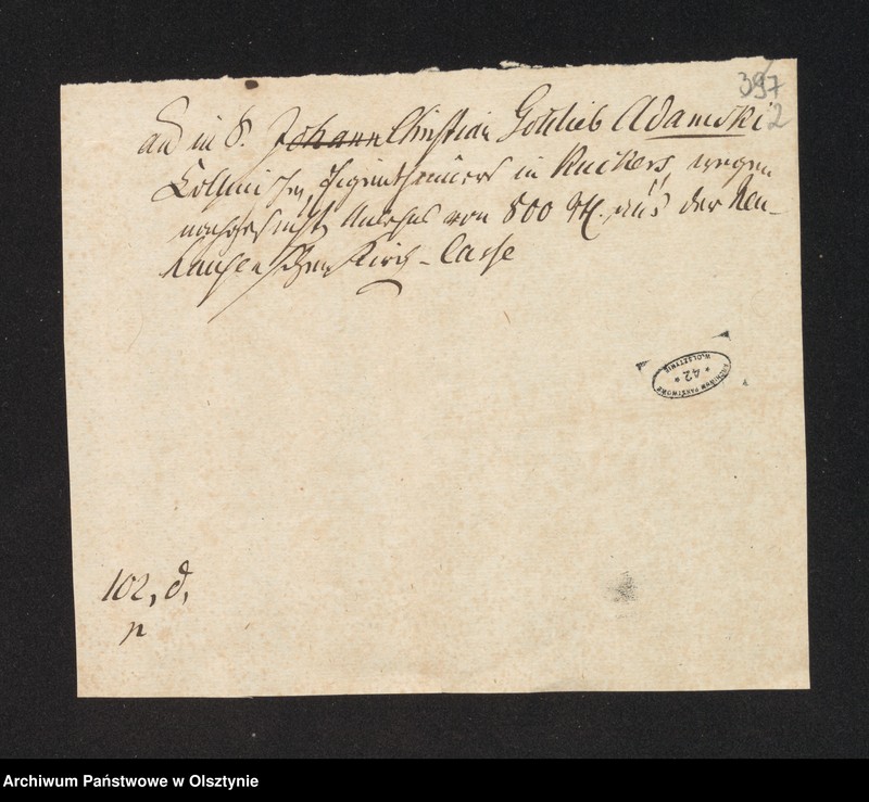 image.from.unit.number "In S. [Sachen] Christian Gottlieb Adamski Cöllmischen Eigenthümers in Kuckers, wegen nagesuchten Anlehes von 800 Rthl [Reichsthaler] aus der Neuhausenschen Kirchen-Caße"