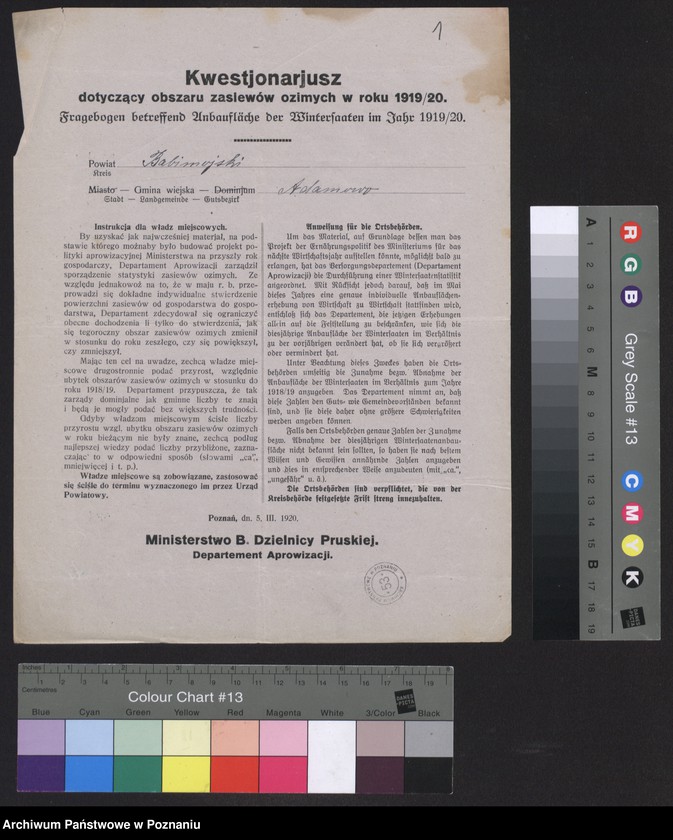 Obraz 3 z jednostki "[Kwestionariusz dotyczący zasiewów ozimych w roku 1919/1920 w powiecie babimojskim]"