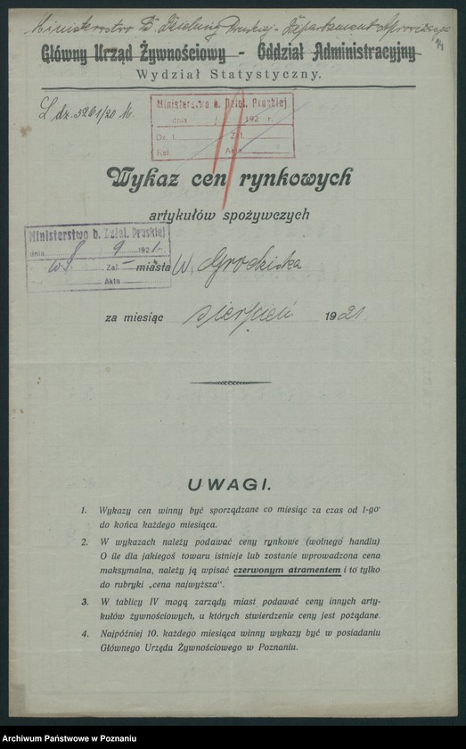 Obraz 14 z jednostki "[Wykazy cen rynkowych artykułów spożywczych w poszczególnych miastach Województwa Poznańskiego za miesiąc sierpień 1921 roku]"