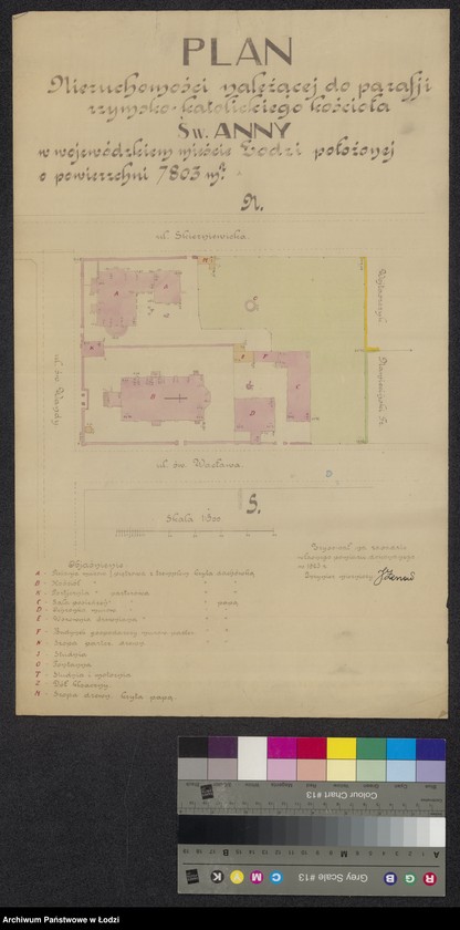 Obraz 1 z jednostki "Plan nieruchomości należącej do parafji rzymsko-katolickiego kościoła Św. Anny w wojewódzkim mieście Łodzi położonej, o powierzchni 7803 m/2"