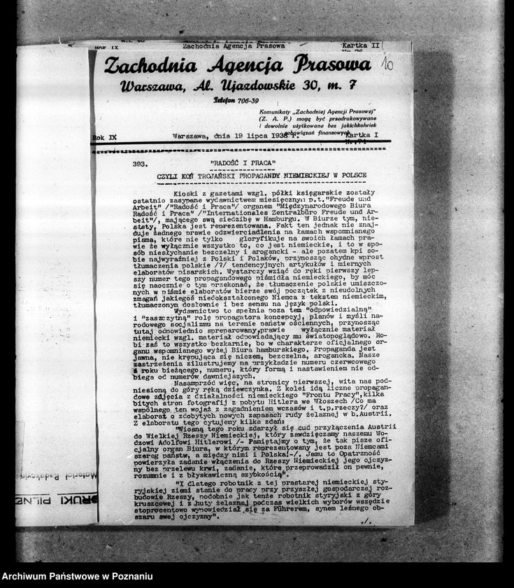 Obraz 13 z jednostki "Biuletyny Zachodniej Agencji Prasowej i Prasowej Agencji Młodych Obozu Zjednoczenia Narodowego"