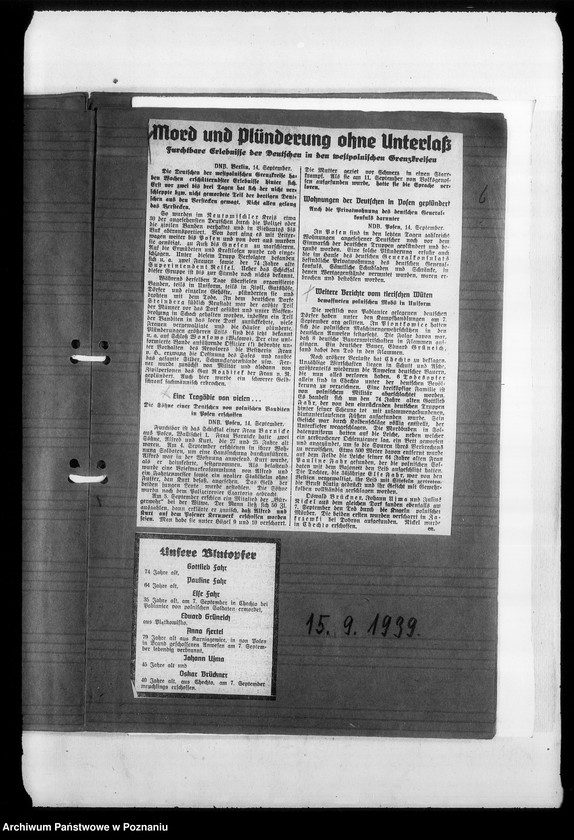 image.from.unit.number "Zweigstelle Litzmannstadt (Łódź). Zeitungsansschnitte, Berichte über Verschleppungen und Todesanzeigen"