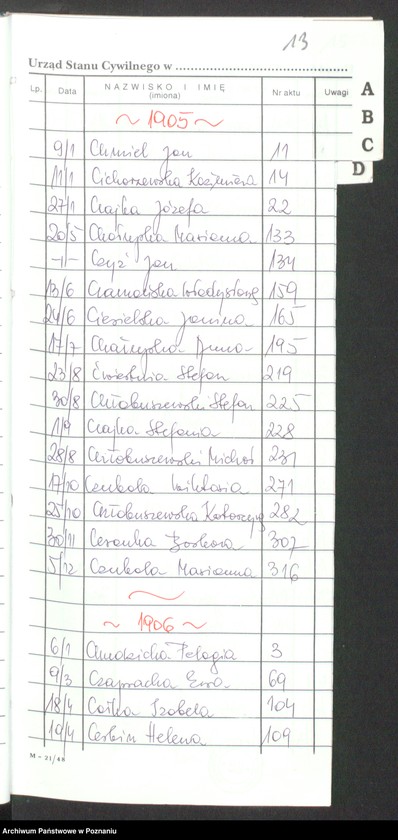Obraz 10 z jednostki "[Skorowidz alfabetyczny do akt urodzeń za lata 1905-1912]"