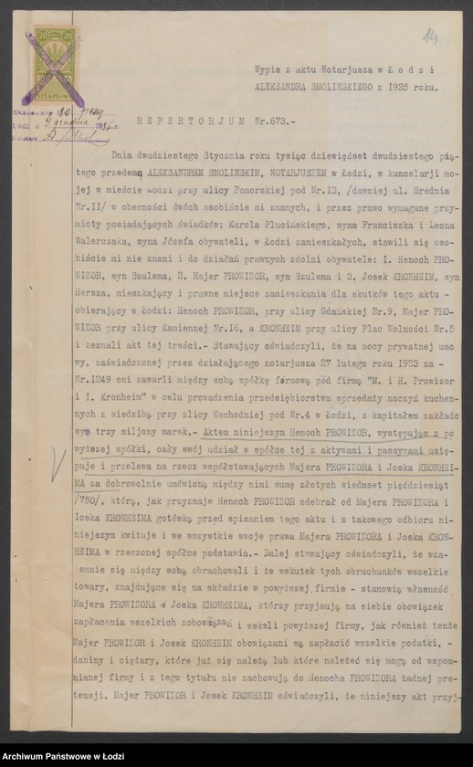 Obraz 16 z jednostki "H. i M. Prowizer i I. Kronheim – sprzedaż naczyń kuchennych"