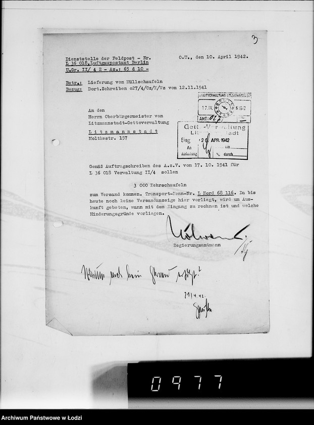 Obraz 7 z jednostki "Amt für zentrale Vewaltungsaufgaben der Luftwaffe Kriegsauftrag 49/41 A.z.V.3000 Kehrschaufeln"