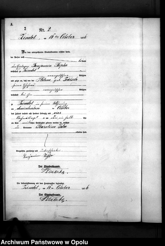 image.from.unit "Geburts-Neben-Register des Standes Amtes Zindel pro IV-tes Quartal 1874"