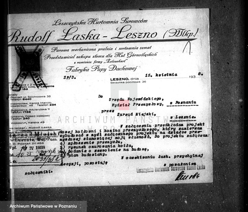 Obraz 4 z jednostki "Zatwierdzenie zakładu przemysłowego /fabryki papy/ w Lesznie, własność R. Łaska"