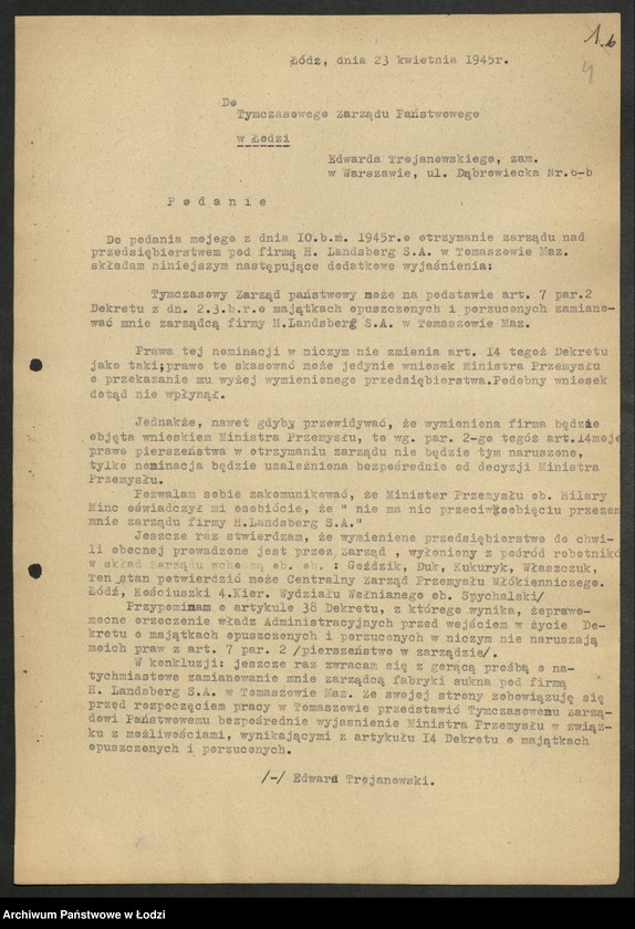 Obraz 5 z jednostki "Materiały dotyczące fabryki "H. Landsberg" - Państwowe Zakłady Wełniane Tomaszów Mazowiecki"