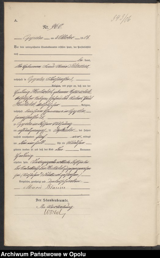Obraz 8 z jednostki "Urząd Stanu Cywilnego w Opolu 1905 Rejestr Urodzeń miejscowa Nr 958 do 1287"