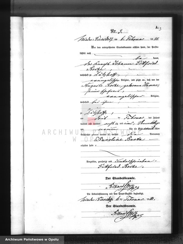Obraz 6 z jednostki "Geburts-Neben-Register Standesamts Hohen-Giersdorf pro 1881"