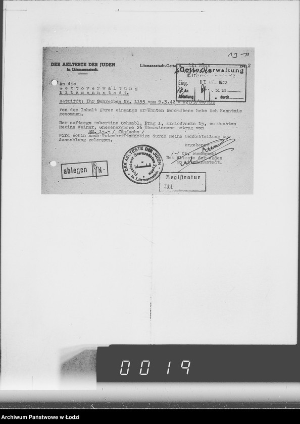 Obraz 17 z jednostki "Betr.Korrespondenz Buchhaltung mit dem Ä[ltesten] d[er] J[uden] Nr.801-1200"