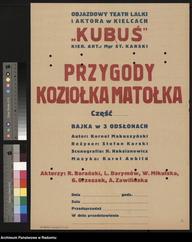 Obraz z jednostki "Plakat zapraszający dzieci na "Przygody Koziołka Matołka" Kornela Makuszyńskiego, w wykonaniu Objazdowego Teatru Lalki i Aktora "Kubuś" w Kielcach, w dn. 16-22. X.1962 r."