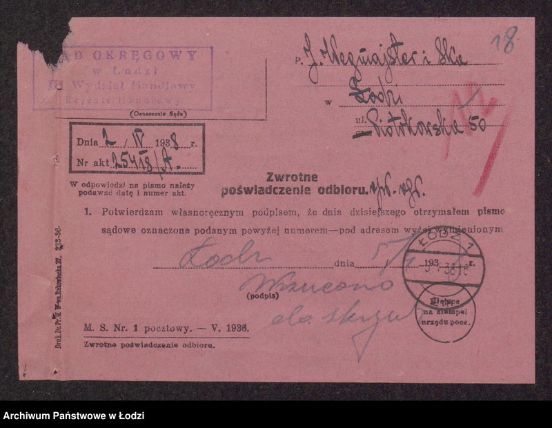 Obraz 20 z jednostki "Jakub Wegmajster, Maria Rybowska- wyrób i sprzedaż towarów włókienniczych"