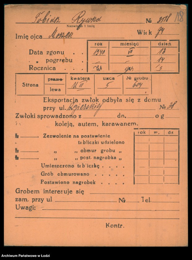 Obraz 19 z jednostki "Kartoteka osób pochowanych na cmentarzu żydowskim przy ulicy Brackiej w latach 1892-1957. Nazwiska na litery: To-Ty"