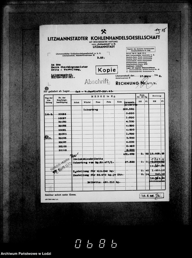 Obraz 19 z jednostki "Aufträge [Lieferscheinen und Rechnungen] 13371-13415. [Dostawa produktów do Getta]"